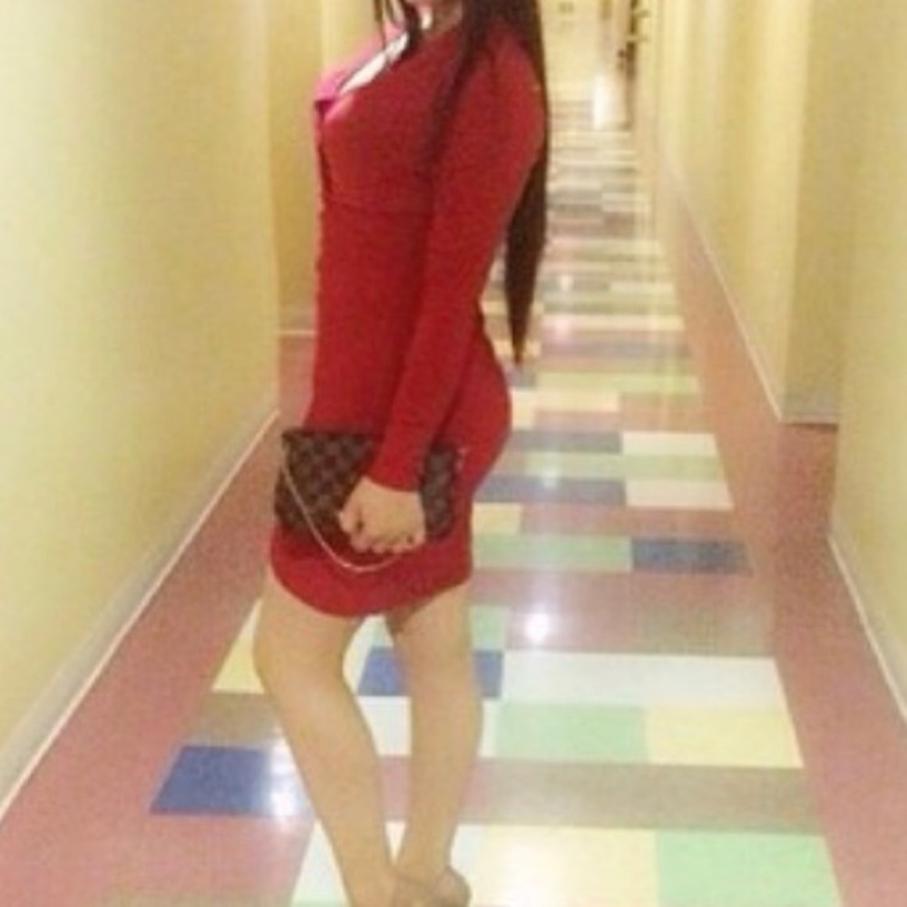 Red V cut dress